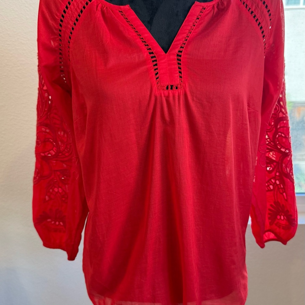 Talbots Vibrant Red Blouse with Lace Sleeves